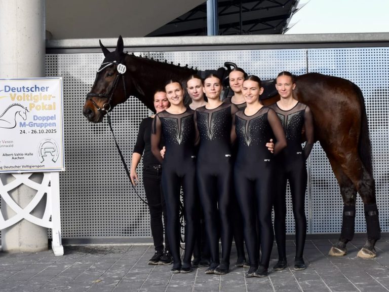 Ein Gruppe Voltigierer mit Pferd